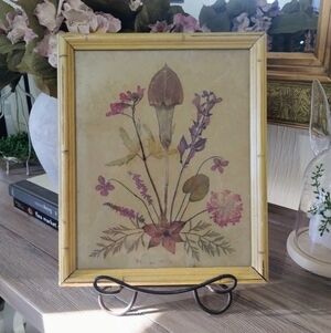 Vintage 70's Botanical Real Dried  Flower Art With Bamboo Wood Frame